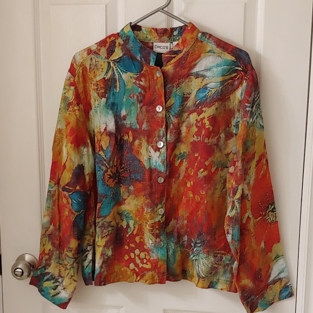 Chico's mandarin collar art print linen shirt sz 1